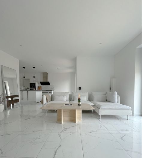 Scandinavian living room söderhamn sofa white sofa marble floor open space travertine travertin coffeetable couchtisch hovet ikea nordic White Tiled Floors Living Room, Living Room Designs Marble Floor, Living Room White Tile Floor, White Tile Floor Living Room Decor, White Marble Tiles Living Room, Marble Tile Floor Living Room, Marble Floor Living Room Decor, White Marble Living Room Floor, White Tile Living Room