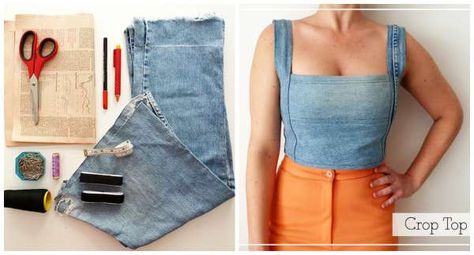 15 idées géniales pour recycler les vieux vêtements                                                                                                                                                      Plus Crop Top Sewing Pattern, Diy Crop Top, Diy Jeans, Diy Vetement, Denim Crop Top, Diy Fashion Clothing, Recycle Jeans, Denim Diy, Top Sewing Pattern