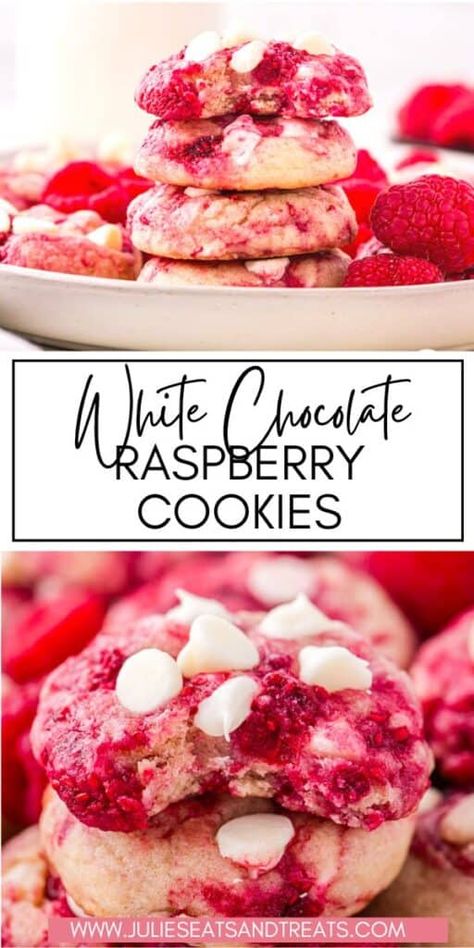 White Chocolate Raspberry Cookies Raspberry White Chocolate Cookie, White Chocolate Raspberry Cookies, Dessert Recipes Chocolate, Chocolate Raspberry Cookies, Raspberry White Chocolate Cookies, Raspberry Cookie Recipes, White Chocolate Desserts, Fruity Cookies, Strawberry Shortcake Cookies