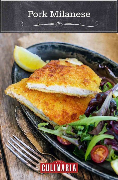 This simple, classic pork Milanese from Mario Batali is a perfect spring weeknight meal. #easyrecipes #mariobatali #weeknightrecipes #pork Pork Milanese Recipe, Mario Batali Recipes, Pork Milanese, Milanese Recipe, Easter Dishes, Celebrity Recipes, Mario Batali, Pork Cutlets, Weeknight Dinner Recipe