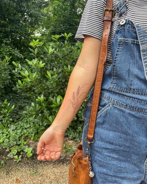 Vertical Tattoo Placement Ideas, Dainty Wheat Tattoo, Wheat Bouquet Tattoo, Back Of Lower Arm Tattoo, Long Tattoo Placement, Fine Line Wheat Tattoo, Medium Tattoo Placement Ideas, Inside Of Forearm Tattoo, Flower Tattoo Arm Placement