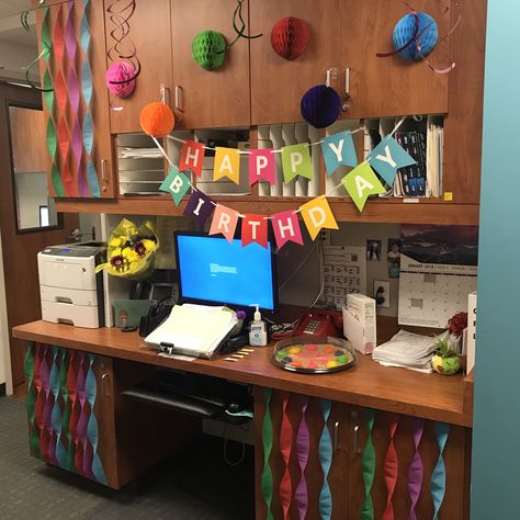 Decorated my co-worker’s desk with party streamers & a birthday banner. 1-24-19 30th Birthday Office Decorations, Decorating Coworkers Desk For Birthday, Decorating Desk At Work Birthday, Coworker Birthday Desk Decorating Ideas, Birthday Work Desk Decorating Ideas, Co Worker Birthday Desk Decorating Ideas, Desk Birthday Decorations Office, Birthday Desk Decorations Offices, Birthday Desk Decorations