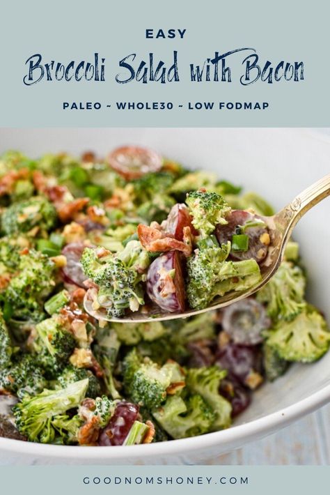 This addictive Broccoli Salad with Bacon is an easy, refreshing side salad recipe perfect for Canada Day or 4th of July barbecues, or anytime during the spring or summer. It's also low FODMAP, Paleo and Whole30 compliant. #broccolisalad #sidedish #saladrecipes #summerrecipes #canadaday #4thofjuly #BBQside #paleo #whole30 #lowFODMAP Whole 30 4th Of July Food, Mop Recipes, Paleo Broccoli Salad, Fodmap Salad, Paleo Broccoli, Broccoli Salad With Bacon, Low Fodmap Vegetables, Fod Map, Fodmap Recipes Dinner