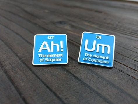 Science enamel pins featuring periodic elements, funny puns, and more. Perfect for scientists, teachers, and anyone who loves science. #science #enamelpins . #Humour #Periodic_Element #Science_Pins #Periodic_Elements Periodic Element, Science Pins, Periodic Elements, General Science, Element Of Surprise, Science Nerd, Backpack Pins, Smink Inspiration, Jacket Pins