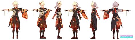 Kazuha Genshin Impact Reference, Kazuha Clothes Reference, Kazuha Model Genshin Impact, Nijisanji Reference Sheet, Kazuha Outfit Reference, Kazuha Pose Reference, Kazuha Character Sheet, Kazuha Reference Sheet, Kazuha Character Design