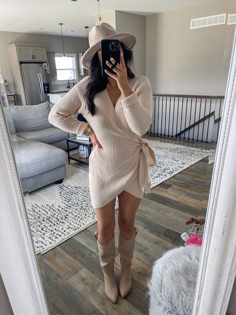 Wrap Sweater Dress Outfit, Neutral Outfits For Family Pictures, Western Boots Outfit Fall, Neutral Outfit Ideas Casual, Neutral Outfits Women, Cowgirl Boots And Dress Outfit, Fall Weather Outfits, Western Boots Outfit, Dresses With Cowboy Boots