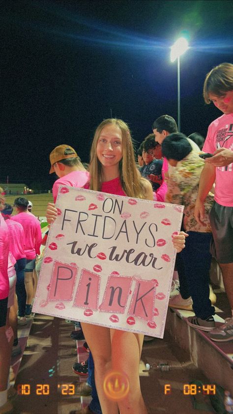 Football pink out student section themed sign Pink Out Football Game Outfits Ideas, Pink Out Outfits Football Game, Dig Pink Poster Ideas, Pinkout Ideas Football Pink Out, Pink Out Signs Football, Pink Out Outfit Ideas, Pink Out Game Posters, Pink Out Football Game Signs, Pink Out Posters Football