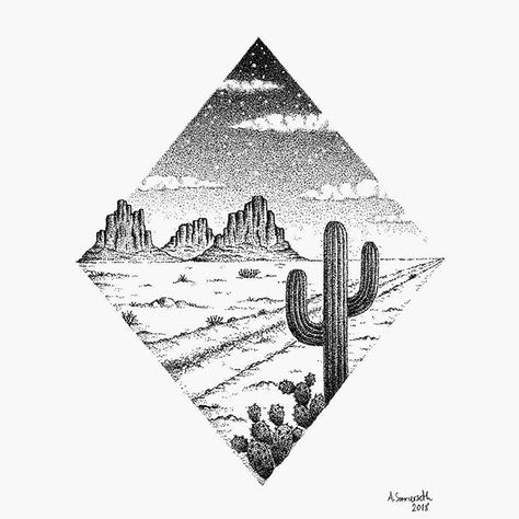 "Desert Road" by @ankatsom | #blackworknow if you would like to be featured  Submissions/business inquiries blackworknow@gmail.com  Follow our pages @dotworknow @tempuradesign and @illustrationow . . . . . . . . . . . . . #illustration #sketchbook #sketching #artwork #traditionalart #tattoodesign #tattooideas #handdrawn #inkdrawing #penandink #pendrawing #pensketch #artistofinstagram #inkwork #penart #blackpen #inkonpaper #penwork #fineliner #linedrawing #lineart #blackwork #dotworkers #stipple Desert Tattoo, Arizona Tattoo, Cactus Tattoo, Cactus Drawing, Desert Road, Stippling Art, White Drawing, Pen Sketch, Time Tattoos