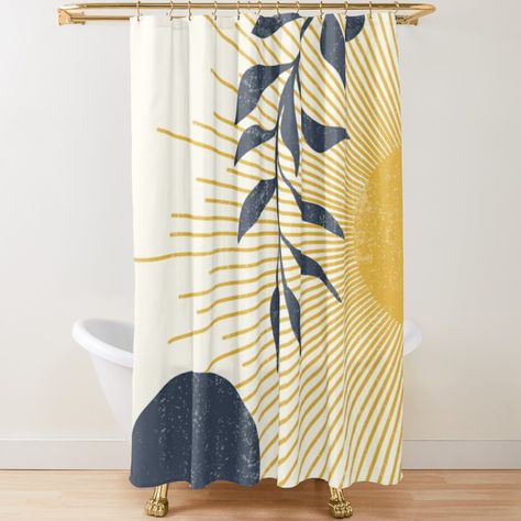 Navy And Mustard Bathroom, Mustard Bathroom, Midcentury Minimalist, Boho Chic Bathroom, Boho Minimalism, Sun Minimalist, Modern Shower Curtain, Yellow Shower Curtains, Bathroom Accents