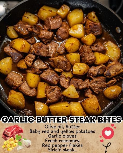 Easy Family Recipes Butter Steak Bites And Potatoes, Quick Steak Marinade, Steak Bites And Potatoes, Garlic Butter Steak Bites, Steak With Chimichurri Sauce, Butter Steak Bites, Steak Bites Recipe, Garlic Steak, Steak Potatoes