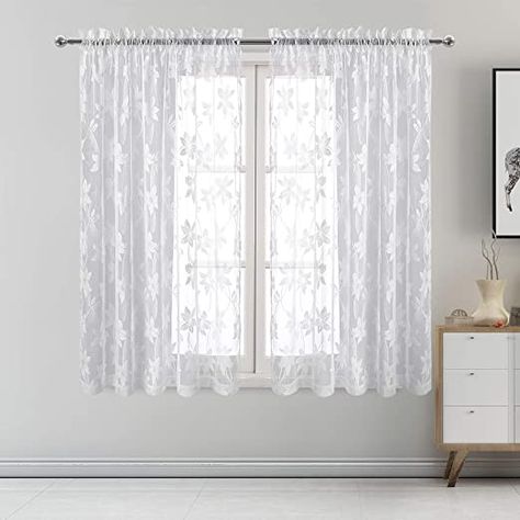 Lace Bedroom, White Lace Curtains, Curtains Grommet, Living Room Panelling, Drapes For Bedroom, Small Window Curtains, Basement Living Rooms, Pocket Window, White Sheer Curtains