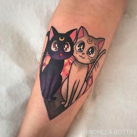 Artemis Tattoo, Sailor Moon Cat, Sailor Moon Tattoo, Luna And Artemis, Kawaii Tattoo, Sweet Tattoos, Bff Tattoos, Disney Tattoo, Cartoon Tattoos