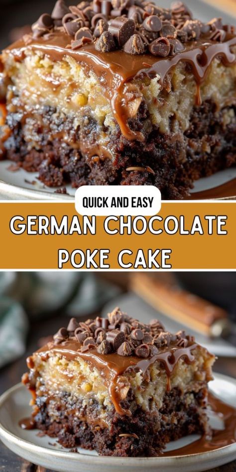 German Chocolate Poke Cake Recipe Cakes Made With Cake Mixes, Chocolate Poke Cake Recipes, Fudge Poke Cake, German Chocolate Poke Cake, Coconut Poke Cake, Poke Cake Recipe, Chocolate Poke Cake, Chocolate Dishes, Bakery Items