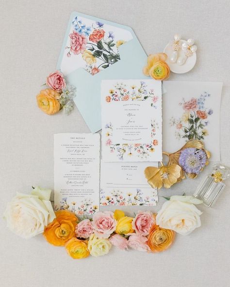 Do yourself a favor and always ask for two unused copies of the wedding invitation. It’s always good to have extra envelopes to layer with,… | Instagram Shayla Wedding, Stationary Inspiration, Antique Finds, Spring Wildflowers, Flat Lays, Wildflower Wedding, Wedding Stationary, Wedding Board, Spring Wedding