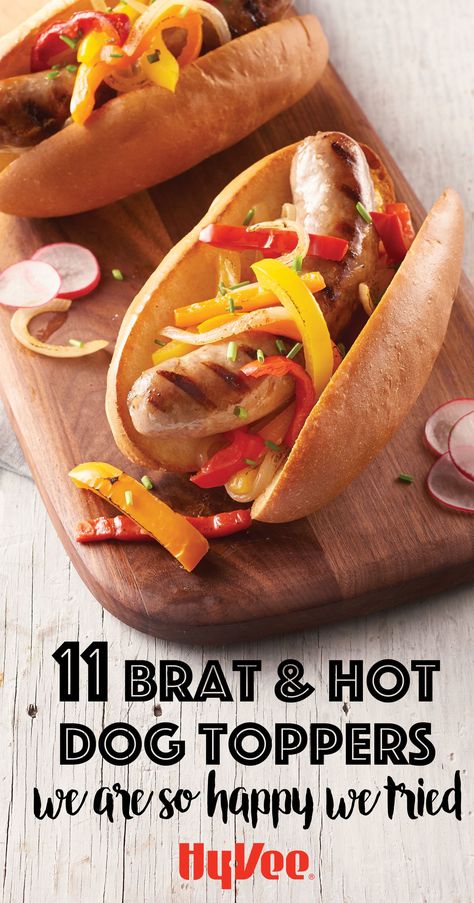 We've got everything from classic brats and dogs to stepped up versions that you've just got to try. We're so glad we tried these toppers and we can't wait to share. Bratwurst Topping Ideas, Bratwurst Bar Ideas, Brat Bar Ideas, Bratwurst Toppings, Chicken And Veggie Recipes, Bratwurst Recipes, Toppings Bar, Corndog Recipe, Hot Dog Toppings