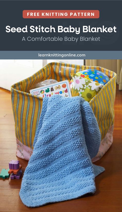 Complete your tyke's nursery with this Seed Stitch Baby Blanket, a super soft and comfy piece that will keep the little one company during playtime or bedtime. Ideal for intermediate knitters to work on. | More free knitting patterns and tutorials at learnknittingonline.com Free Baby Blanket Knitted Patterns, Small Knitted Baby Blankets, Stroller Blanket Knitting Pattern, Car Seat Blanket Pattern Knitting Free, Pram Blanket Knitting Pattern Free, Free Knitting Patterns For Baby Blankets, Free Baby Blanket Knitting Patterns Easy, Easy Knitted Baby Blanket Patterns Free, Knit Baby Boy Blanket