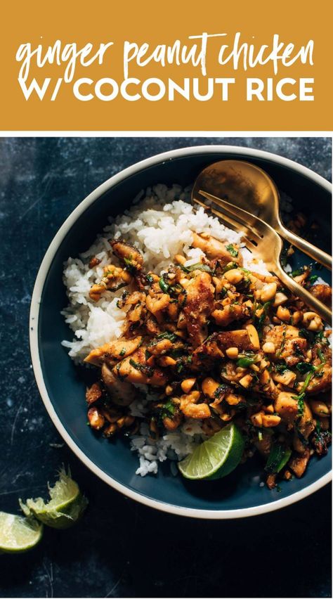 Ginger Peanut Chicken With Coconut Rice, Ginger Peanut Chicken, Chicken With Coconut Rice, Coconut Jasmine Rice, Clinical Dietitian, Coconut Rice Recipe, Chicken Coconut, Rice On The Stove, Pinch Of Yum