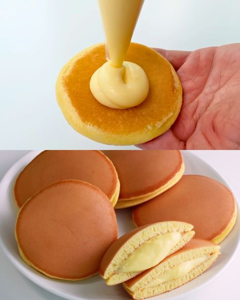 Dorayaki with Custard Cream Filling Custard Pancakes Recipe, Custard Cream Pancakes, Japanese Deserts Recipe, Custard Pancakes, Japanese Dorayaki, Japanese Custard, Dorayaki Recipe, Pancake Fillings, Japanese Pancake Recipe