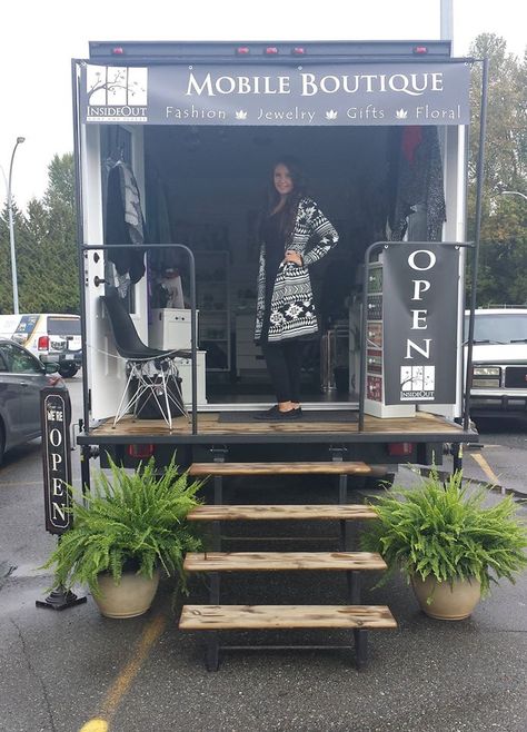 InsideOut Mobile Boutique Caravan Business Ideas, Van Business Ideas, Tiny Shop Ideas, Mobile Boutique Ideas, Mobile Business Ideas, Boutique Truck, Mobile Fashion Truck, Fashion Truck, Open Sign