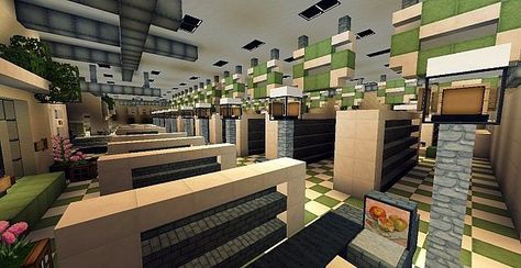 SuperMarket Minecraft building ideas shopping 3 Minecraft Food Shop Ideas, Minecraft Supermarket Interior, Minecraft Supermarket Ideas, Minecraft Grocery Store Interior, Minecraft Supermarket, Minecraft Grocery Store, Minecraft Stores, Minecraft Reference, Minecraft L