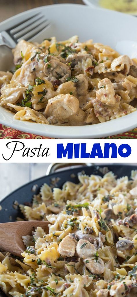 Pasta Milano, Macaroni Grill Recipes, Sundried Tomato Sauce, Sandwich Night, Wheat Pasta Recipes, Bow Tie Pasta Recipe, Macaroni Grill, Chicken And Mushrooms, Skillet Dishes