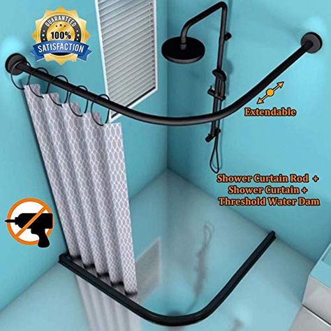 Black Corner Shower, Corner Shower Curtain, Corner Shower Curtain Rod, Ideas De Closets, Small Bathroom Plans, Curved Shower Rod, Single Apartment, Water Dam, Small Bathroom Layout