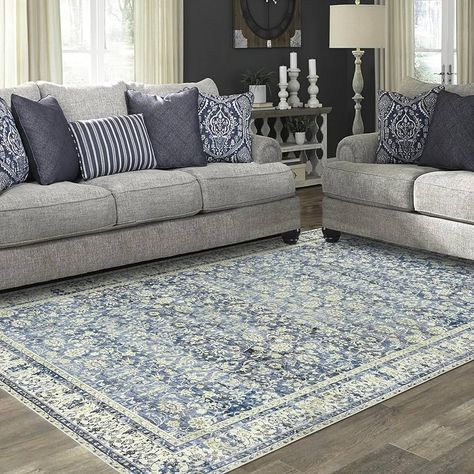 Amazon.com: Blue Area Rug for Living Room 8x10 Washable Vintage Farmhouse Big Large Boho Distressed Carpet Rugs for Bedroom,Light Blue and Cream Polyester Rayon Cotton Blend : Home & Kitchen Bedroom Light Blue, Navy Living Rooms, Cream Living Rooms, French Country Living Room, Charleston Homes, Bedroom Light, Multi Rug, Rugs For Bedroom, Area Rug For Living Room