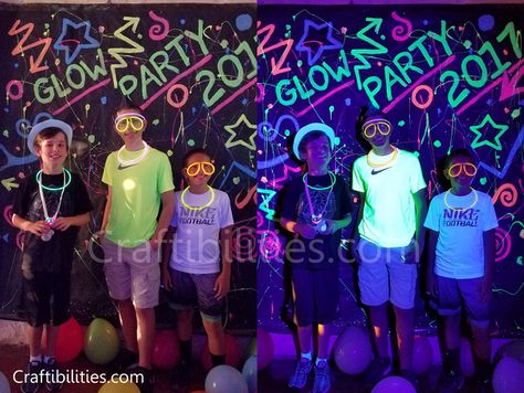 DIY Black Light GLOW PARTY idea - NEON paint backdrop - photo booth - FUN DECOR Glow Photo Booth, Glow Party Photo Booth Backdrop Ideas, Glow In The Dark Photo Booth, Neon Party Photo Booth, Highlighter Party, 80s Backdrop, Paint Backdrop, Diy Black Light, Backdrop Easy