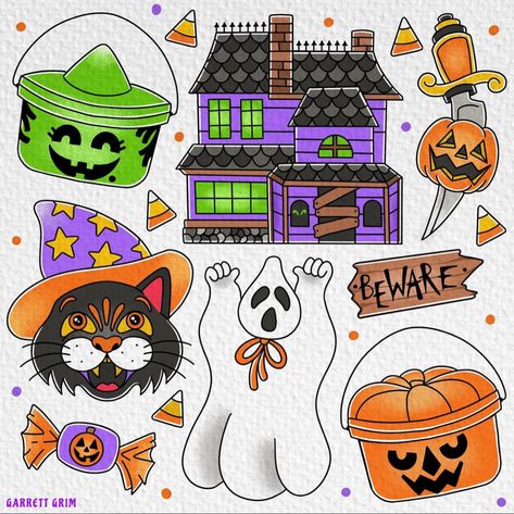 Halloween Ghost Haunted House Black Cat Candy Corn Flash Sheet Tattoo #halloween #flashtattoo #halloweentattoo Trick or Treat Halloween Flashtattoo, Halloween Candy Tattoo, Candy Corn Tattoo, Trick Or Treat Tattoo, Horror Clipart, Flash Sheet Tattoo, Spooky Drinks, Food Tattoo, Draw Halloween