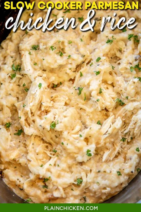 Slow Cooker Parmesan Chicken and Rice - a quick and easy weeknight recipe! Just dump everything in the slow cooker and dinner is done! Only 5 ingredients - chicken, Lipton's Garlic Soup mix, cream of chicken soup, milk and rice.Can add some mixed veggies too! Everyone cleaned their plate! Leftovers taste great too! YUM! #slowcooker #crockpot #chicken #familydinner Parmesan Chicken Rice, Parmesan Chicken And Rice, Chicken And Rice Crockpot, Chicken Risotto, Plain Rice, Mixed Veggies, Garlic Soup, Parmesan Chicken, Crockpot Dishes