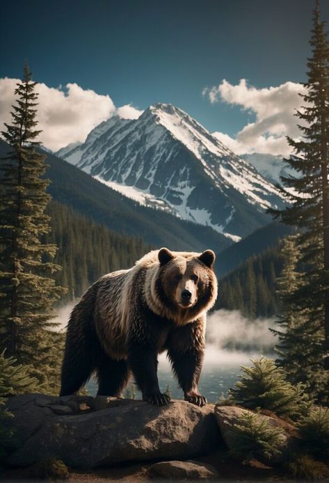 A majestic brown bear standing on a rocky mountain slope, its fur blending with the rugged terrain, with distant peaks and a cloudy sky in the background. Bear Mountain Tattoo, Bear Side Profile, Brown Bear Tattoo, Wildlife Tattoos For Men, Bear Tattoos For Men, Grizzly Bear Tattoos, Roaring Lion Tattoo, Wildlife Tattoo, Bear Tattoo Designs