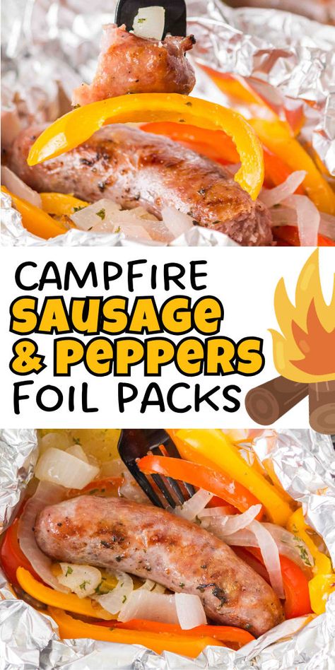 Campfire sausage and pepper foil packs Sausage Foil Packs, Sausage Peppers And Onions, Foil Pack Dinners, Foil Packet Dinners, Foil Dinners, Foil Pack Meals, Foil Packs, Sausage Peppers, Foil Packet Meals