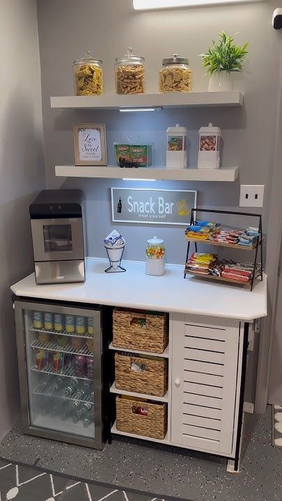 Coffee Bar In Salon Ideas, Open Bar Ideas For Home, Snack Bar Living Room, Family Room Snack Station, Snack Bar Room Ideas, Salon Coffee Bar Ideas Small Spaces, Game Room Snack Station, Diy Bar In House, Closet Snack Bar Ideas