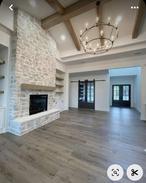 Ranch Style Interior Design Living Room, Ranch Home With Vaulted Ceiling, Hunting House Interior, Homes With Side Garage, Great Room Ceiling Fan With Light, Modern Farmhouse Exterior Ranch Style, Modern Farmhouse Living Room Flooring, New Build Farmhouse Interior, Modern Farmhouse Home Design