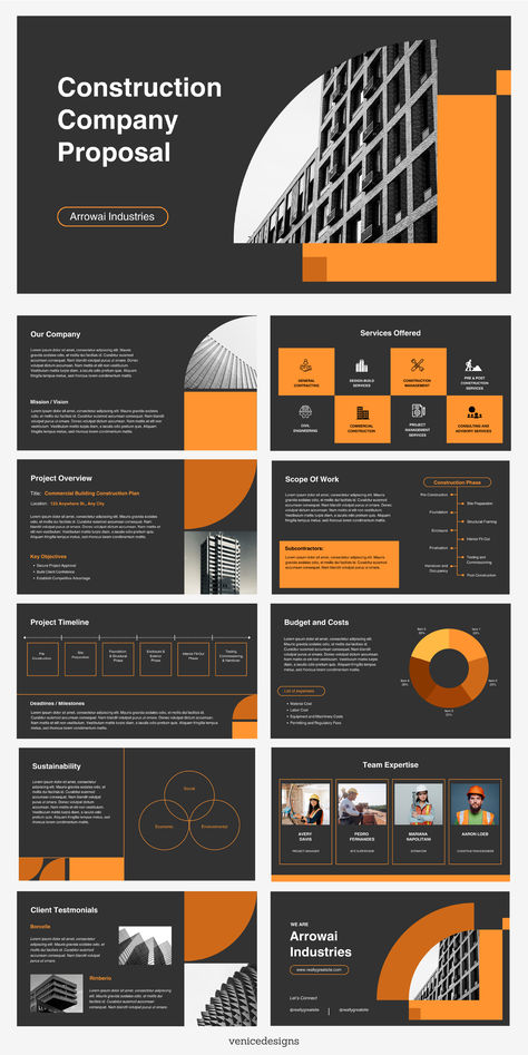 Black and Orange Construction Company Proposal Presentation Branding Proposal Presentation, Orange Presentation Design, Corporate Presentation Template, Proposal Presentation Design, Construction Proposal, Construction Powerpoint, Proposal Presentation, Geometric Construction, Real Estate Ads