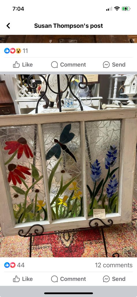 Diy Old Window Projects, Glass On Glass Mosaic Window Diy, Repurpose Stained Glass Window, Glass On Glass Mosaic Window, Glass Mosaic Art Diy Old Windows, Stained Glass Frames Pictures, Window Art Diy, Old Windows Stained Glass Garden Art, Painted Window Panes