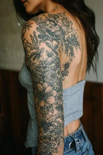 Flower Sleeve Tattoos For Women 25 Cute Tattoos Sleeve For Women, One Black And White Sleeve One Color Tattoo, Flowers Arm Sleeve Tattoo, Different Flower Sleeve Tattoo, Sleeve To Back Tattoo, Forearm Flower Tattoo Women Sleeve, Tattoo Sleeve Filler Flowers, Sleeve Ideas For Men Tattoo, Women’s Arm Sleeves