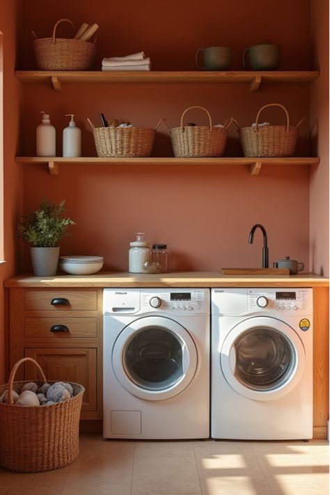 Warm terracotta laundry room with wooden shelves and woven baskets Laundry Room Ideas Yellow, Terracotta Utility Room, Small Laundry Renovation, Bold Laundry Room Colors, Artsy Laundry Room, Terra Cotta Laundry Room, Striped Laundry Room, Laundry Room Color Palette, Utility Room Colour Ideas