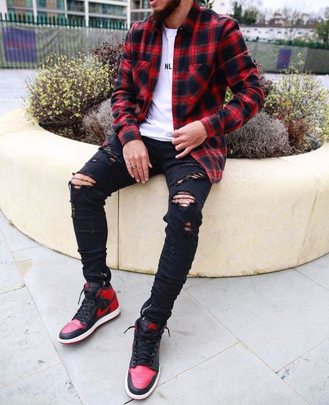 Black And Red Shoes Outfit Men, Air Jordan 1 Red And Black Outfit, Jordan 1 Flannel Outfit, Red And Black Flannel Outfit Men, Jordan 1 Red Outfit Men Style, Flannel And Jordans Outfit, Red Jordans Outfit Men, Red Outfits For Men, Red And Black Plaid Shirt Outfit