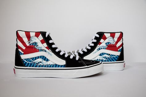 Sporty High-top Custom Sneakers For Skateboarding, Sporty High-top Vans Custom Sneakers, Vans Sk8 Hi Custom, High-top Custom Sneakers For Skateboarding, High-top Custom Sneakers With Graphic Print For Skateboarding, Vans Custom Mid-top Sneakers For Skateboarding, Hours Painting, Vans Boots, Hand Painted Vans