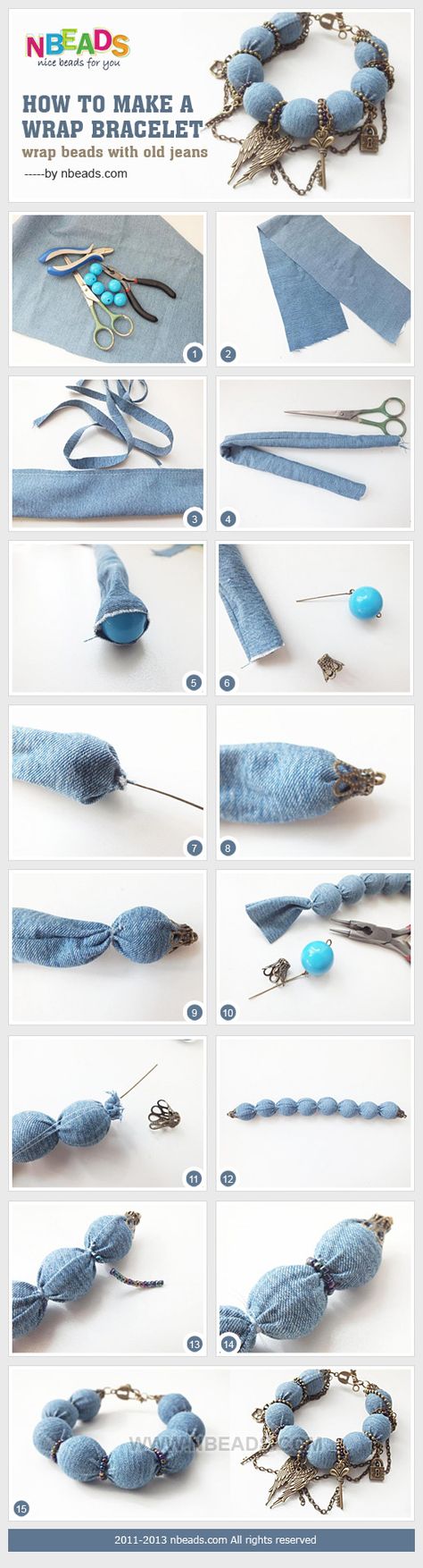 How to Make A Wrap Bracelet - Wrap Beads with Old Jeans – Nbeads Diy Bracelets For Him, Artisanats Denim, Jewerly Bracelets, Diy Collier, Denim Jewelry, Pola Sulam, Fabric Necklace, Denim Crafts, Textile Jewelry