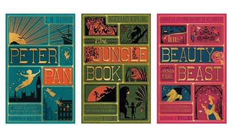 three-classic-childrens-books-illustrated-by-minalima Mina Lima Books, Mina Lima, Clothbound Classics, Peter Pan Book, Salted Granola, The Beauty And The Beast, Classic Childrens Books, The Jungle Book, Tools And Toys