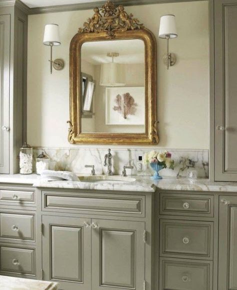 Green with Envy - Maison de Cinq Antique Mirror Bathroom, Restoration Hardware Vanity, Coventry Gray, White Marble Bathrooms, Painted Kitchen Cabinets Colors, Cabinet Paint Colors, Antique Mirrors, Mirror Bathroom, Green Cabinets