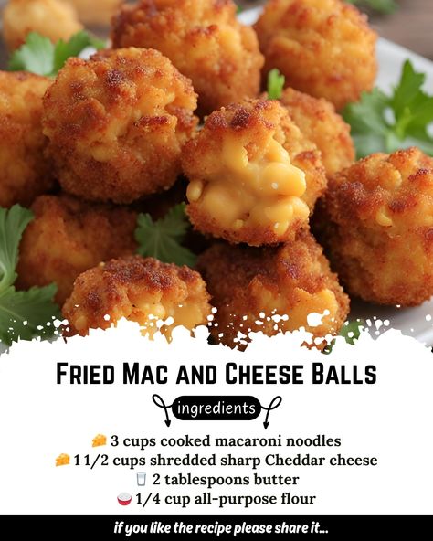 Fried Mac and Cheese Balls 🧀🍴 Ingredients - 🧀 3 cups cooked macaroni noodles - 🧀 1 1/2 cups shredded sharp Cheddar cheese - 🥛 2 tablespoons butter - 🍚 1/4 cup all-purpose flour - 🥛 1 1/2 cups milk - 🧀 2 cups shredded sharp Cheddar cheese - 🧀 1/2 cup grated Parmesan cheese - 🧂 Salt and pepper to taste - 🍅 1 cup bread crumbs - 🍳 2 eggs, beaten - 🍅 1 quart vegetable oil for frying Directions: 1. In a saucepan over medium heat, melt 2 tablespoons butter. Stir in flour and cook for about 1 min... Fried Mac And Cheese Balls, Mac And Cheese Balls, Fried Mac N Cheese Balls, Mac N Cheese Balls, Macaroni Noodles, Fried Mac And Cheese, Cheese Balls, Sharp Cheddar, Sharp Cheddar Cheese