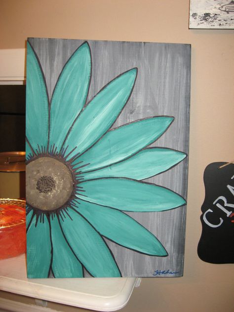 turquoise flower daisy painting rustic flower wood flower wall Pallet Boards, Daisy Painting, Stones Diy, Easy Canvas Painting, Cactus Art, Canvas Painting Diy, Craft Booth, Oil Pastels, Night Painting