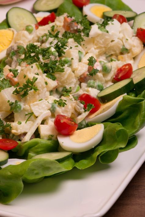 This Dutch Hussars salad called Hauzarensalade is sort of a potato salad but so much more. The name stems from a Calvary called the Hussars who could not make a fire in fear of being detected.  They would simply mix things together to make a cold salad.   I love these recipes where you can ... Netherlands Food, Dutch Cuisine, Leftover Apples, Make A Fire, Dutch Food, Dutch Language, Cold Salad, Dutch Recipes, A Potato