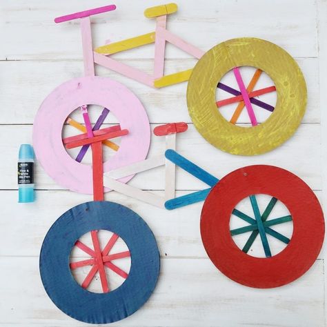 Two completed bikes for bicycle craft Bicycle Crafts, Bike Craft, Bicycle Diy, Transportation Crafts, Shapes Preschool, Bicycle Art, Craft For Kids, Themed Crafts, Art And Craft