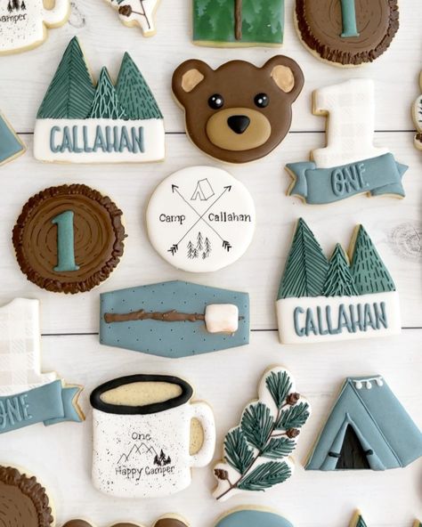 Park Baby Shower Ideas, Lindsay Johnson, Happy Camper Birthday Party, Camping Cookies, Double Birthday Parties, Camping Theme Birthday Party, Camping Theme Birthday, Cookie Decorating Icing, First Birthday Cookies