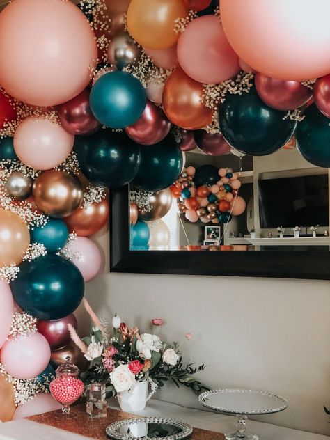 Teal Pink Gold Party Decor, Pink And Teal Balloon Garland, Teal And Pink Balloon Garland, Rose Gold And Teal Birthday Party, Pink And Teal Balloons, Rose Gold And Teal Wedding Theme, Teal And Pink Party Decorations, Birthday Party Color Schemes For Women, Teal And Gold Birthday Party Decoration