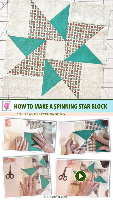 Screen captures from the "How to make a Spinning Star quilt block" video tutorial by Tulip Square Quilted Placemat Patterns, Beginner Quilting Projects, Granny Square Quilt, Modern Quilting Designs, Basic Quilt, Start Quilting, Quilt Block Patterns Free, Quilt Square Patterns, Quilt Sewing Patterns